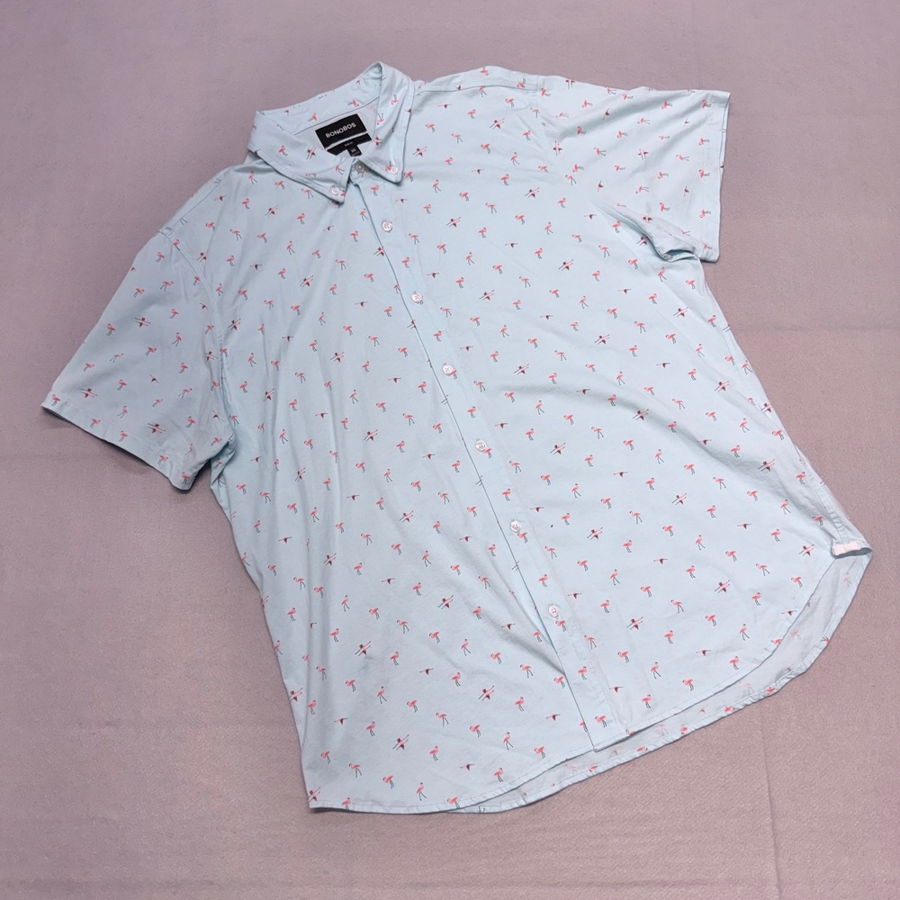 Bonobos Jersey Riviera Mens XXL Slim Fit SS Button Down Shirt Blue Flamingo